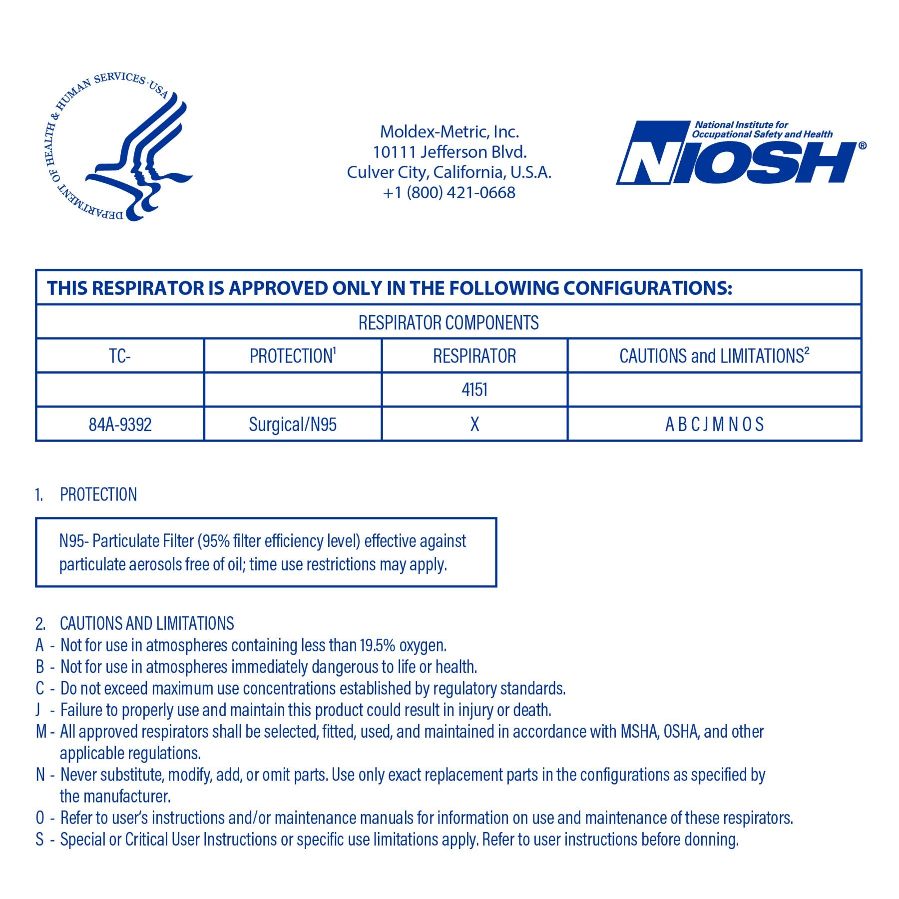 Moldex 4150 NIOSH N95 Listing