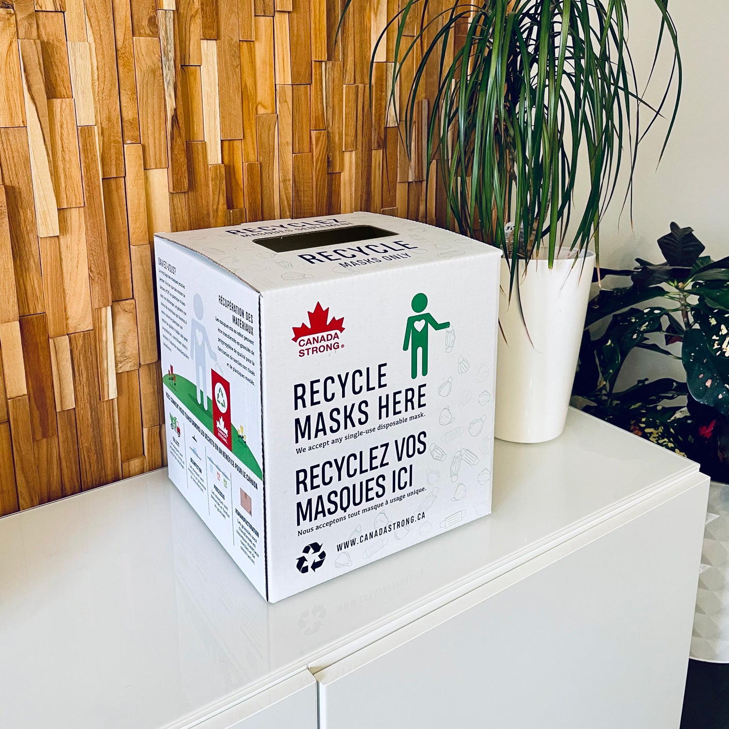 Face Mask Recycling Box on kitchen counter residential home in Canadian house