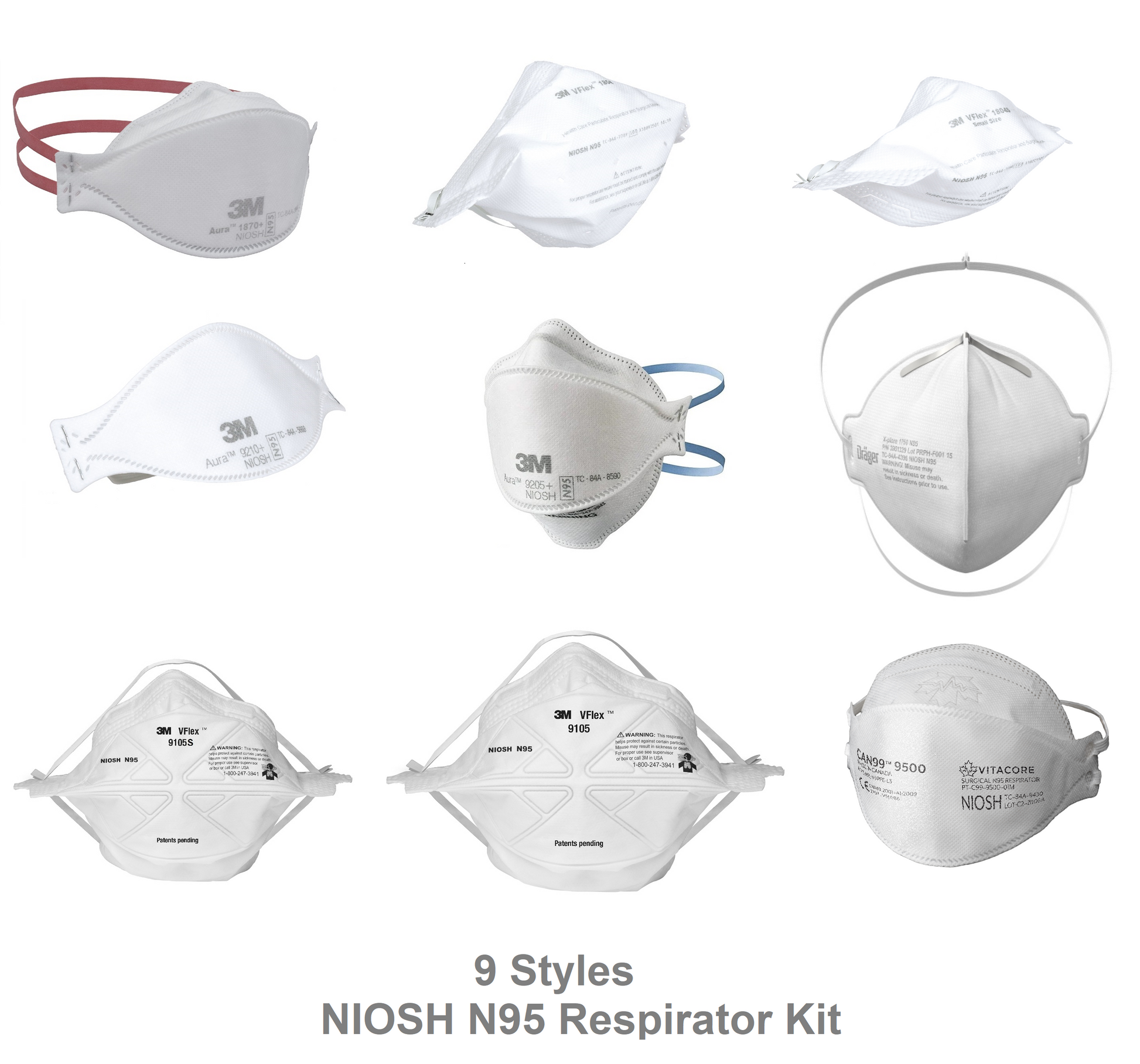9-piece NIOSH N95 Sample Sizing Kit for Fit Testing - 3M Canada Aura, 3M Vflex, Vitacore CAN99 9500, Drager 1750