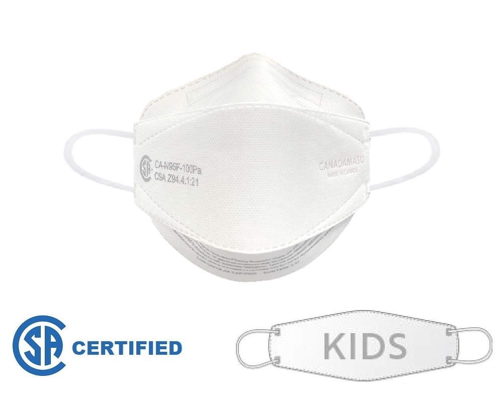 Front view of Canada Masq Q100 CSA Certified healthcare surgical respirator face mask with earloops size XS extra small for kids children