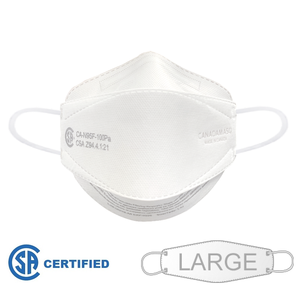 Front view of Canada Masq Q100 CSA Certified respirator face mask with earloops