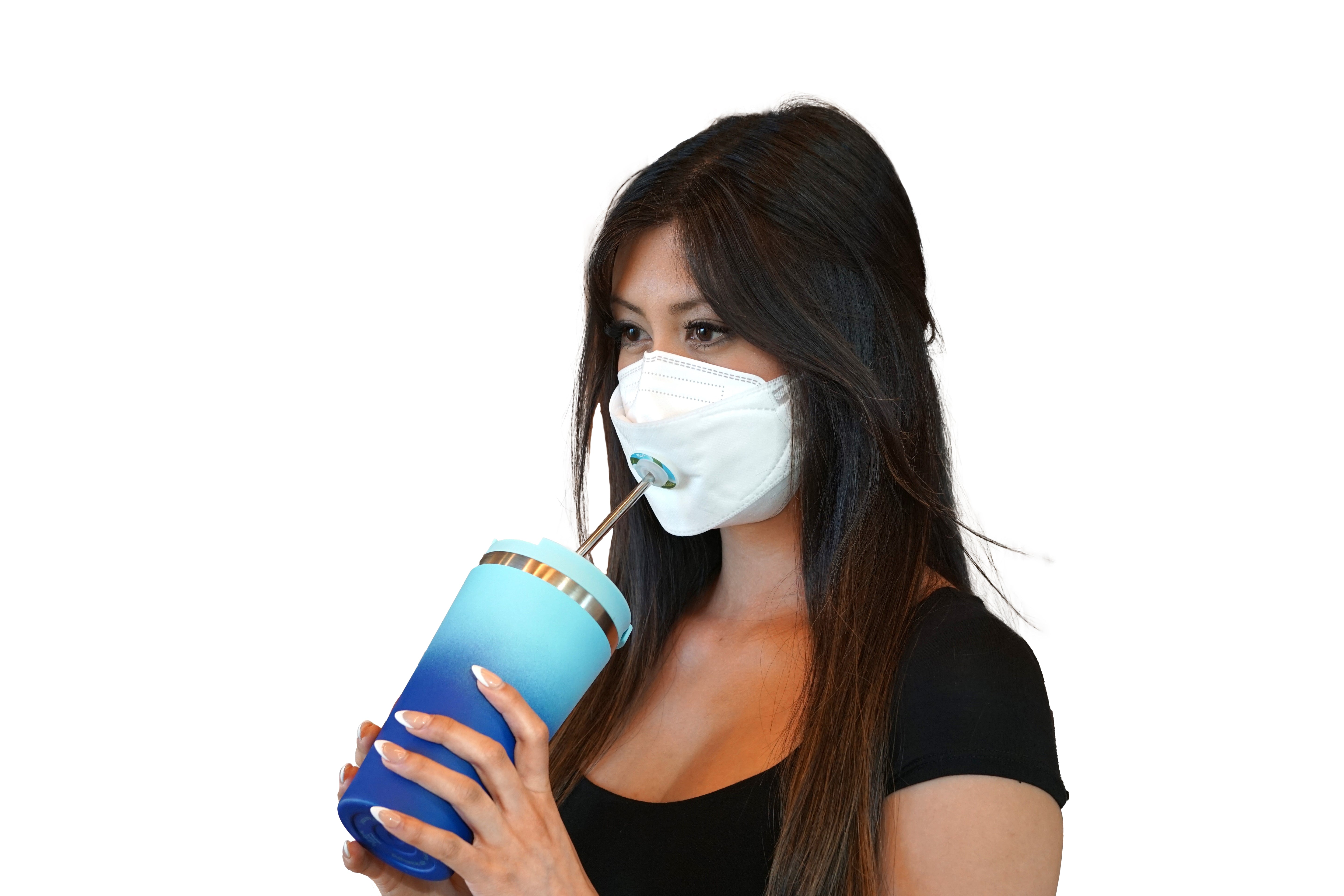 Canadian woman wearing SIP valve and straw for drinking while wearing a face mask