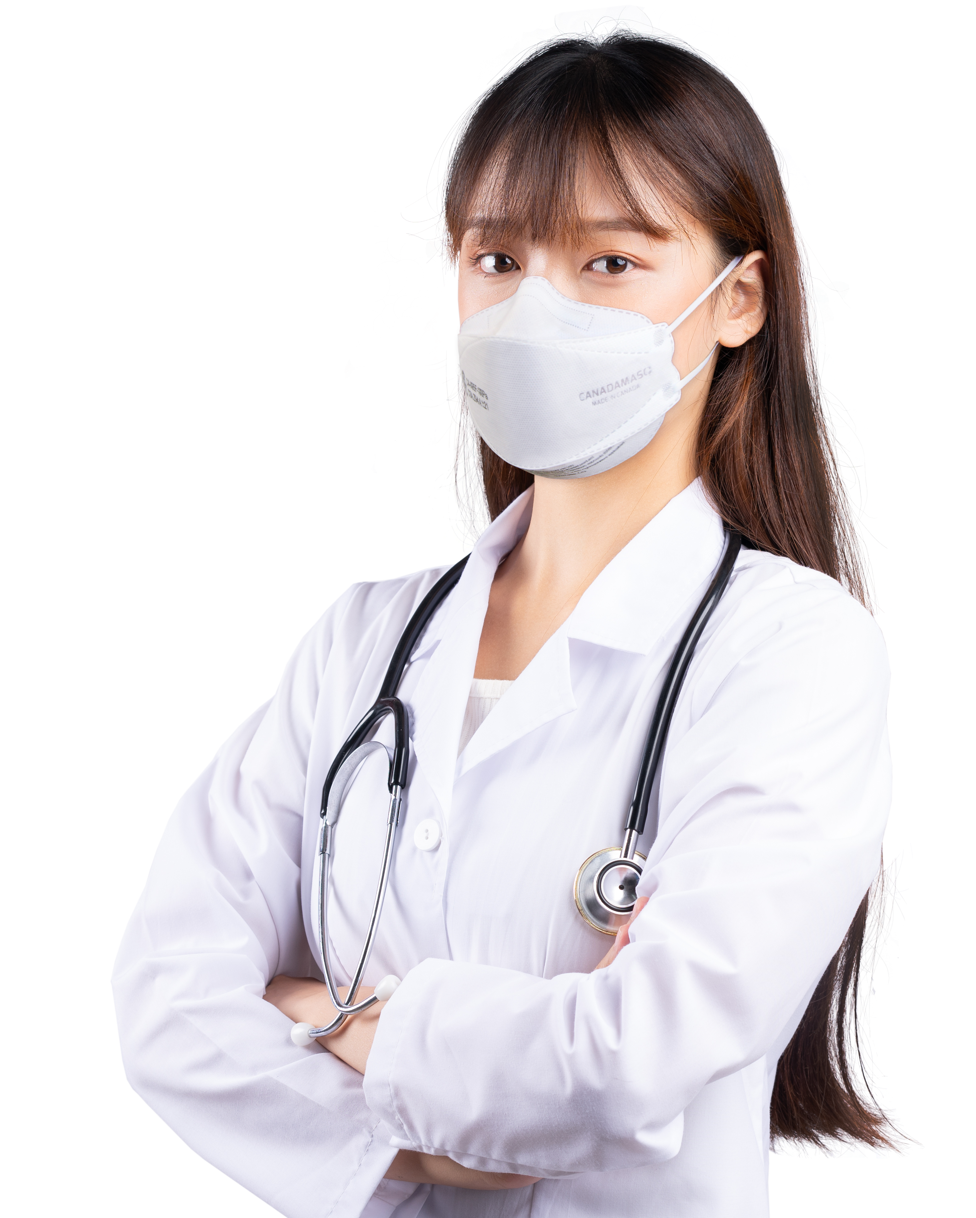 Healthcare worker female doctor or nurse wearing Canada Masq extra small XS Q100 CA-N95F white CSA surgical respirator mask with earloops
