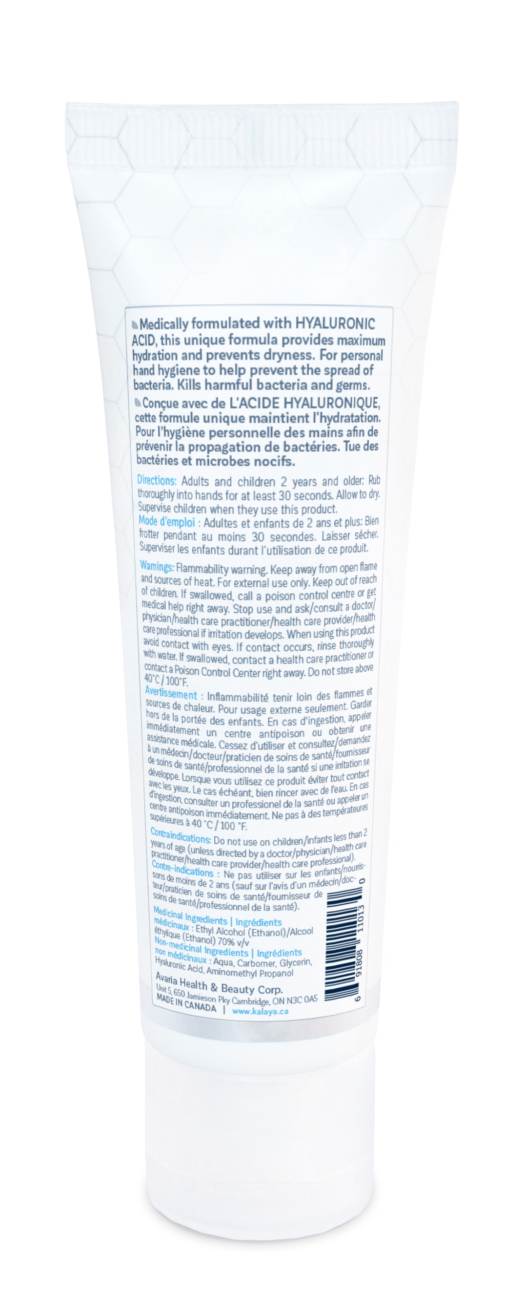 Back view of Kalaya 60mL hand sanitizer tube Canadian packaging instructions in french and english