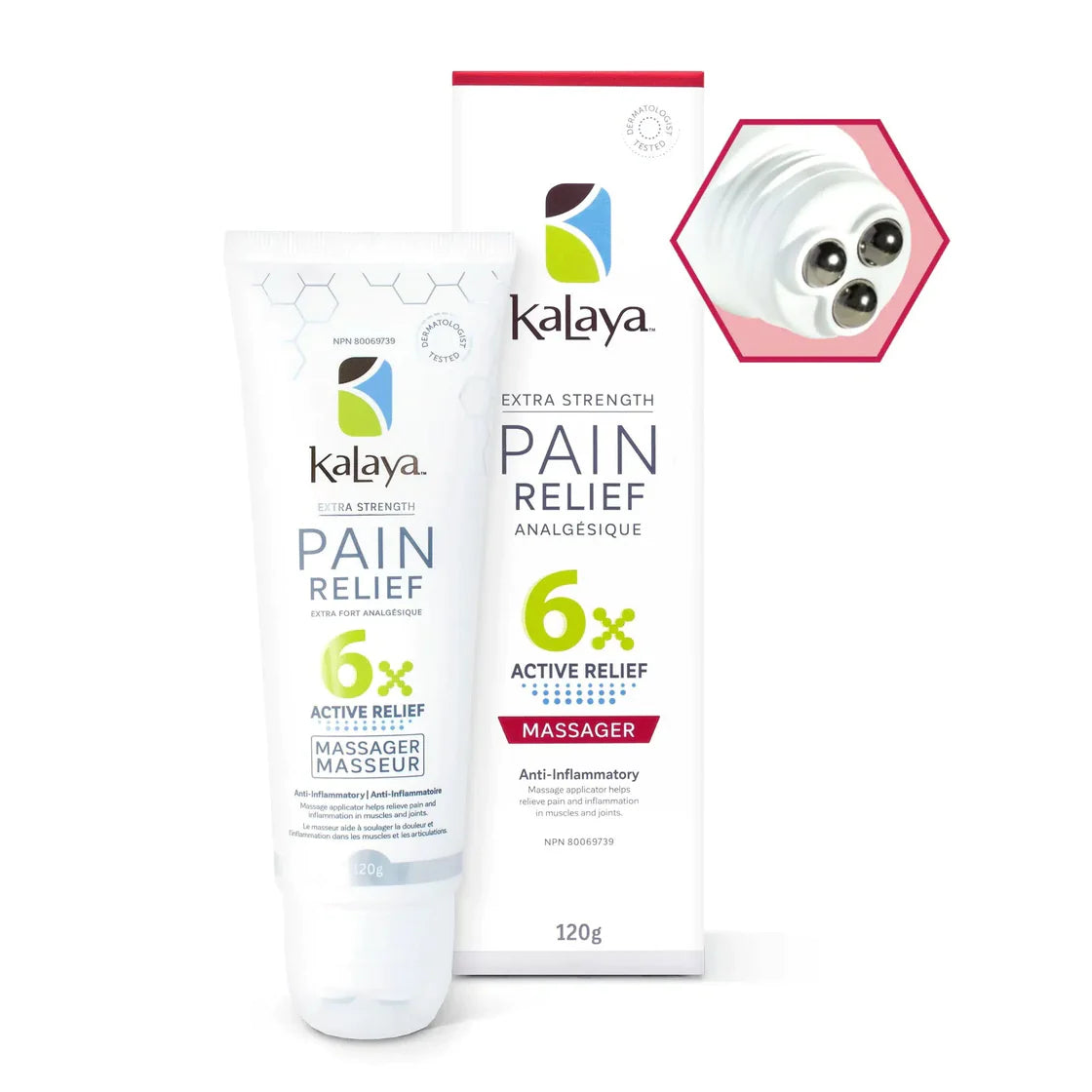 Kalaya Pain Relief Cream with massager roller ball bearings to rub in - Made in Canada