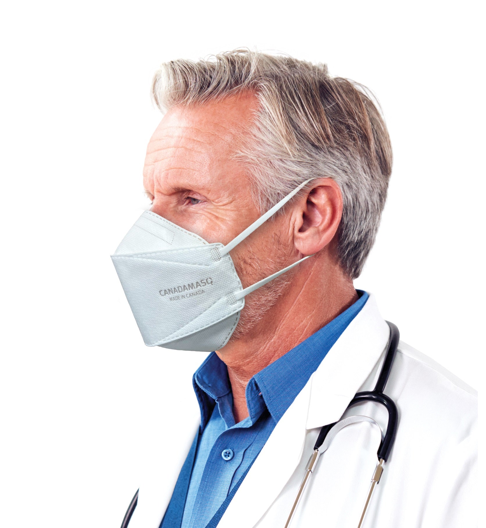 Healthcare man doctor or dentist wearing large CSA Certified respirator mask Canada Masq Q100