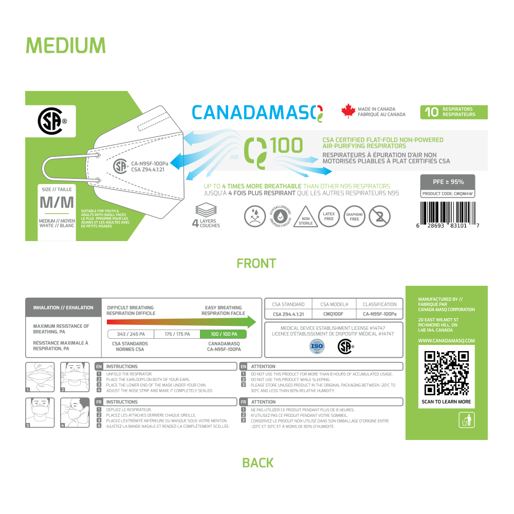 Canada Masq Q100 medium respirator mask detailed instructions and specifications insert card artwork