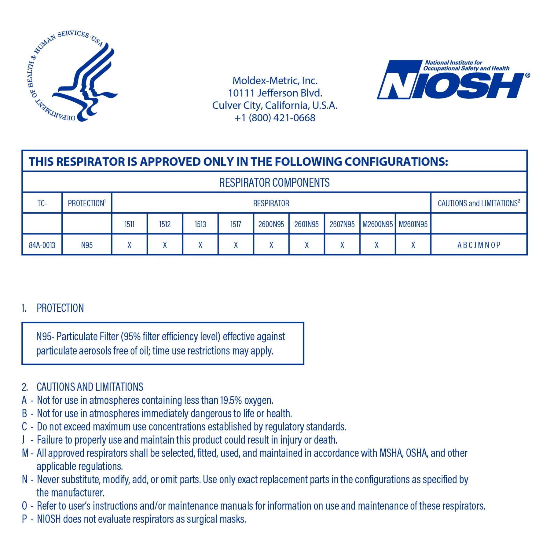 Moldex 1511 1512 1513 1517 NIOSH N95 Listing