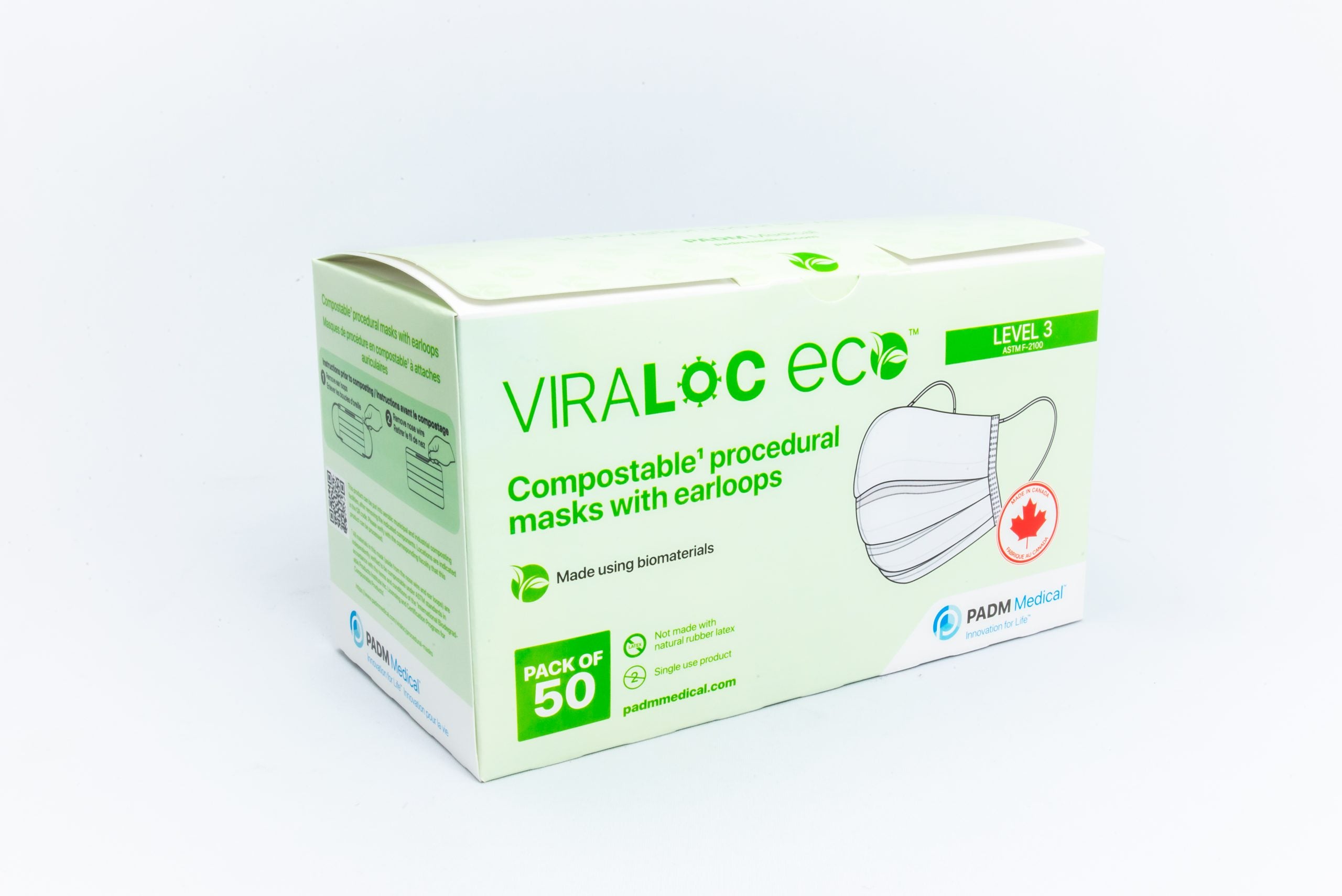 Box of 50 Viraloc Eco White Compostable Biodegradable Procedural Mask ASTM Level 3 with Earloops Made in Canada