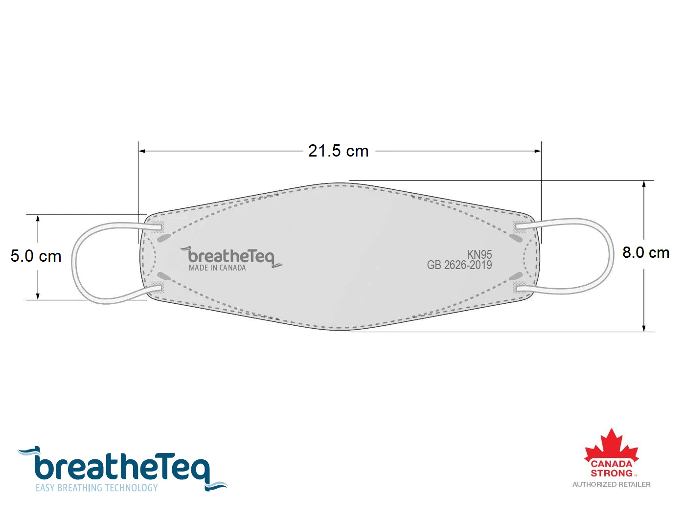 Dimensions of BreatheTeq KN95 large size flat fold respirator mask