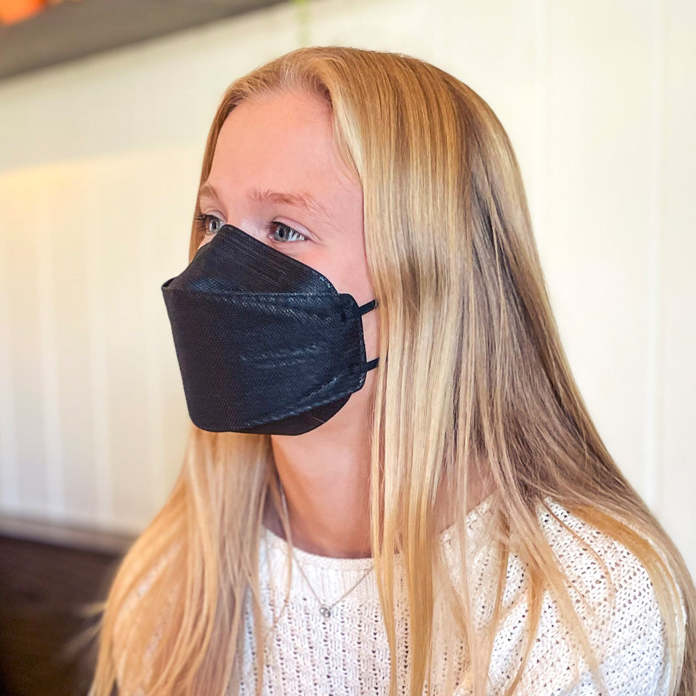 Woman wearing BreatheTeq KN95 small black Canada Masq respirator mask made in canada strong