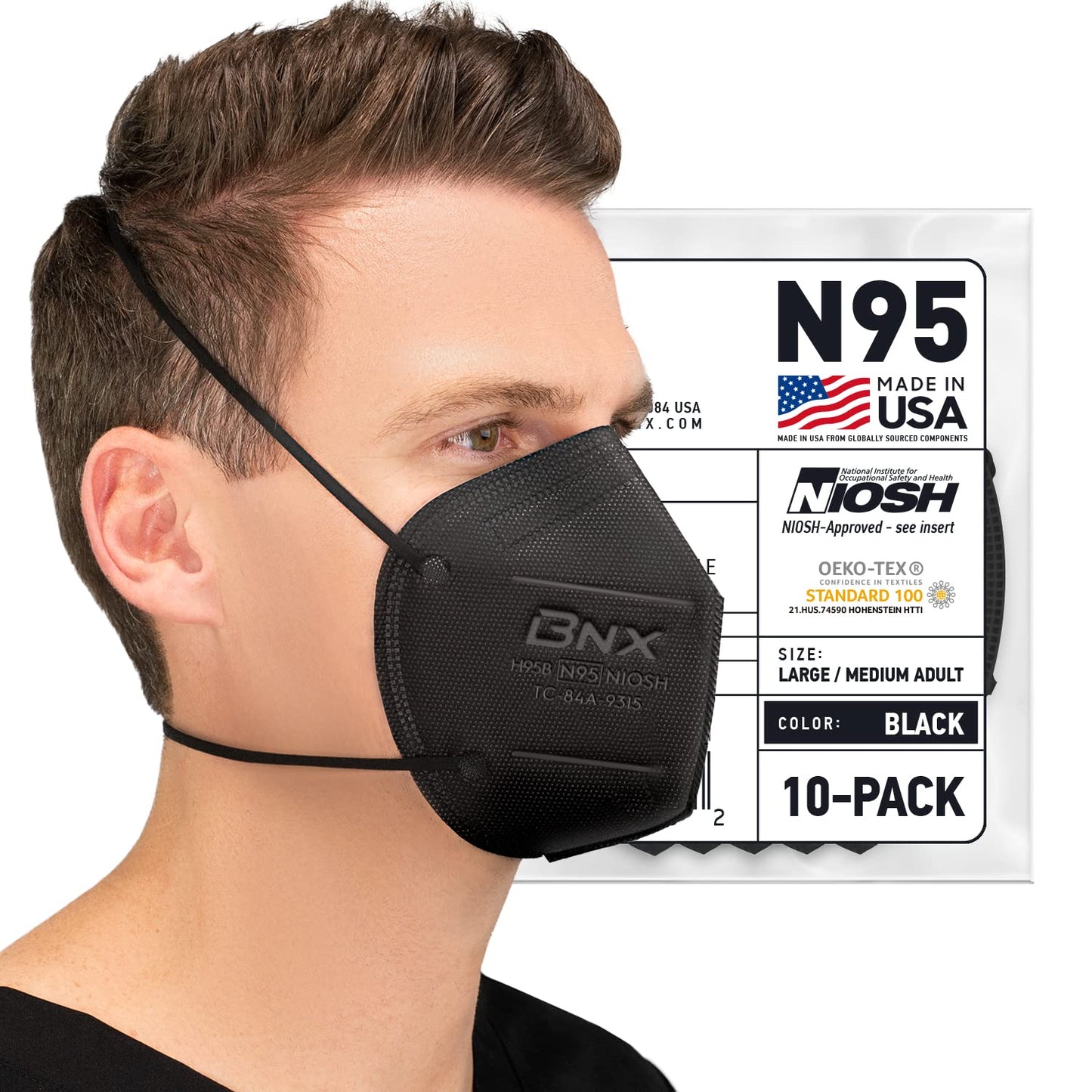 Canadian man wearing Black NIOSH N95 mask with head straps from USA