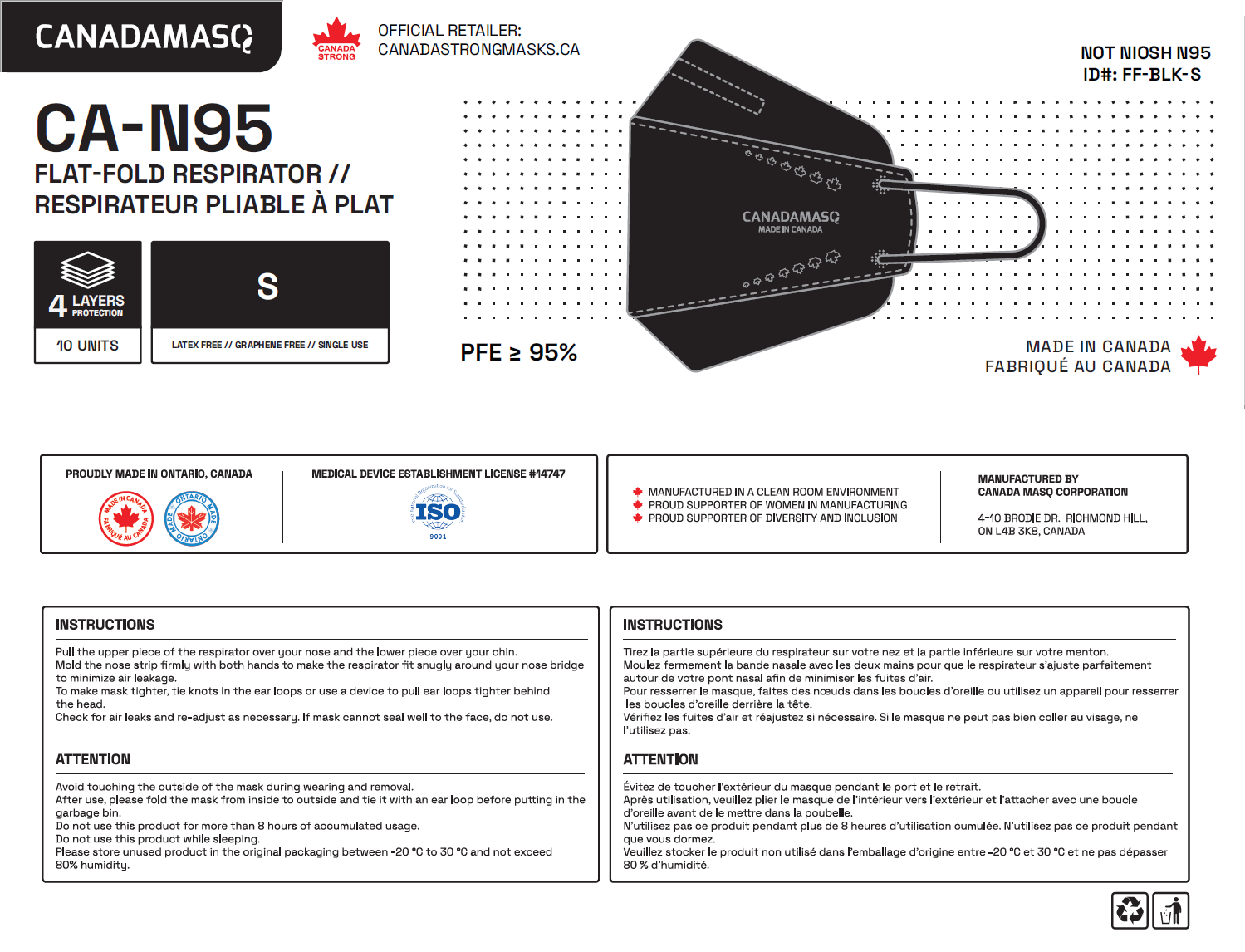 Canada Masq CA-N95 size small black respirator mask bag packaging