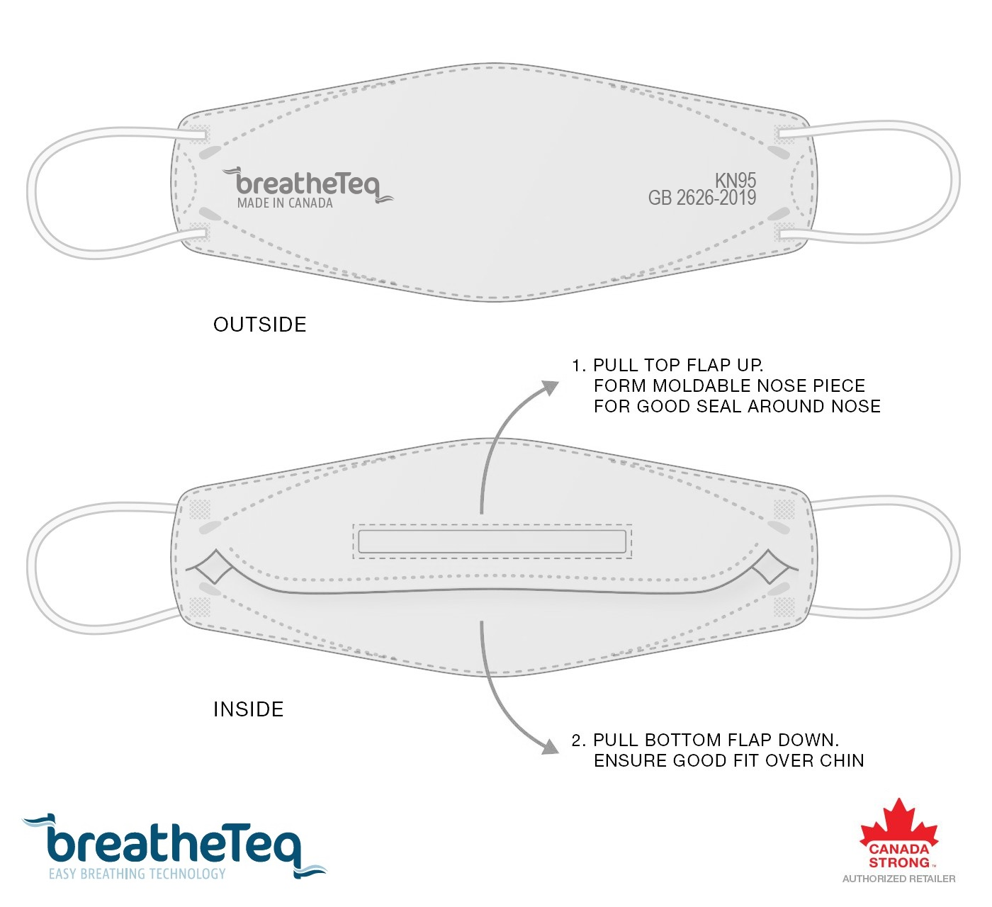 BreatheTeq KN95 LARGE Grey Disposable Respirator Mask - Made in Canada