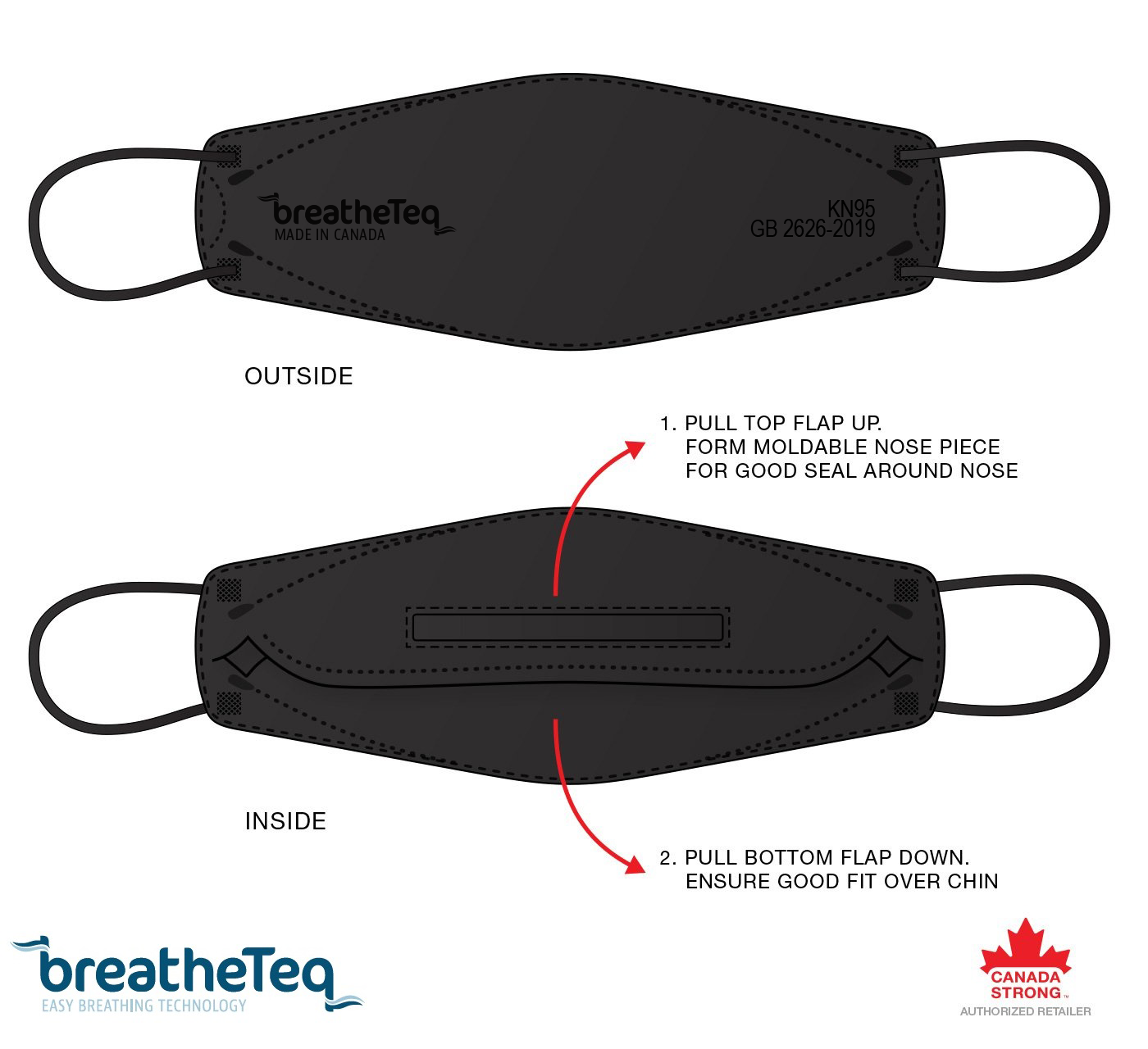 BreatheTeq KN95 LARGE Black Disposable Respirator Mask - Made in Canada
