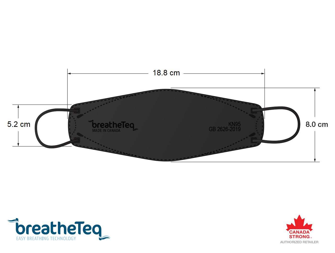 Dimensions of BreatheTeq KN95 small black size flat fold respirator mask