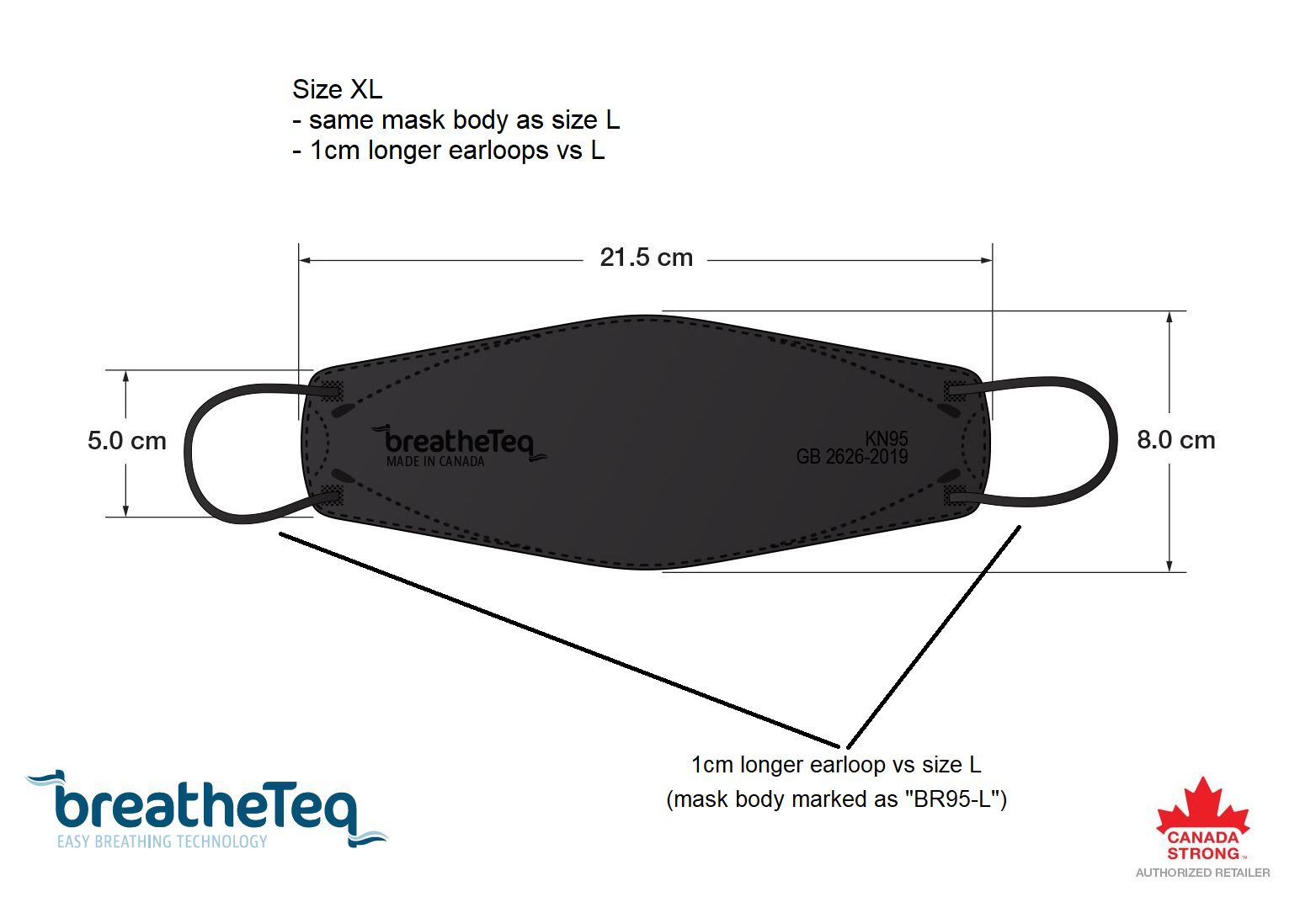 Dimensions of BreatheTeq KN95 XL extra large black size flat fold respirator mask