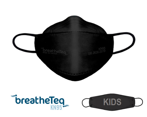 BreatheTeq black KN95 earloop mask for kids and children made in Canada