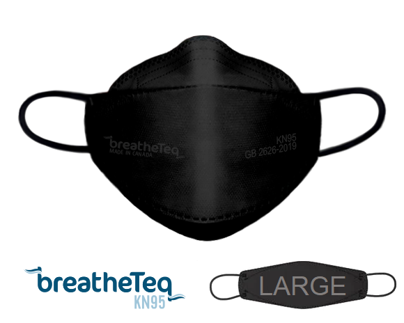 BreatheTeq KN95 large black earloop mask for adults made in Canada