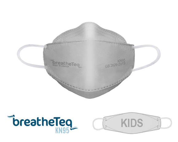 BreatheTeq KN95 earloop mask for kids and children grey made in Canada