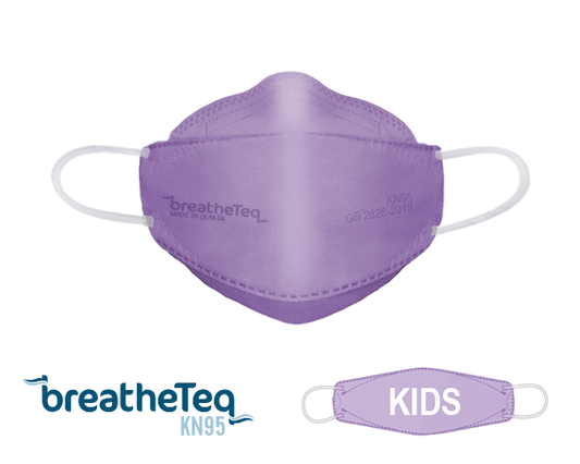BreatheTeq KN95 earloop mask for kids and children purple pink made in Canada