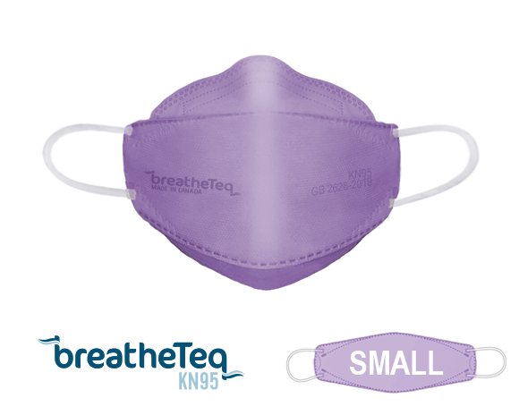 BreatheTeq KN95 adult teen small purple pink earloop respirator mask made in Canada